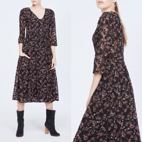 Ba&sh Galvin Midi Black Dress Floral Size L - Picture 1 of 13